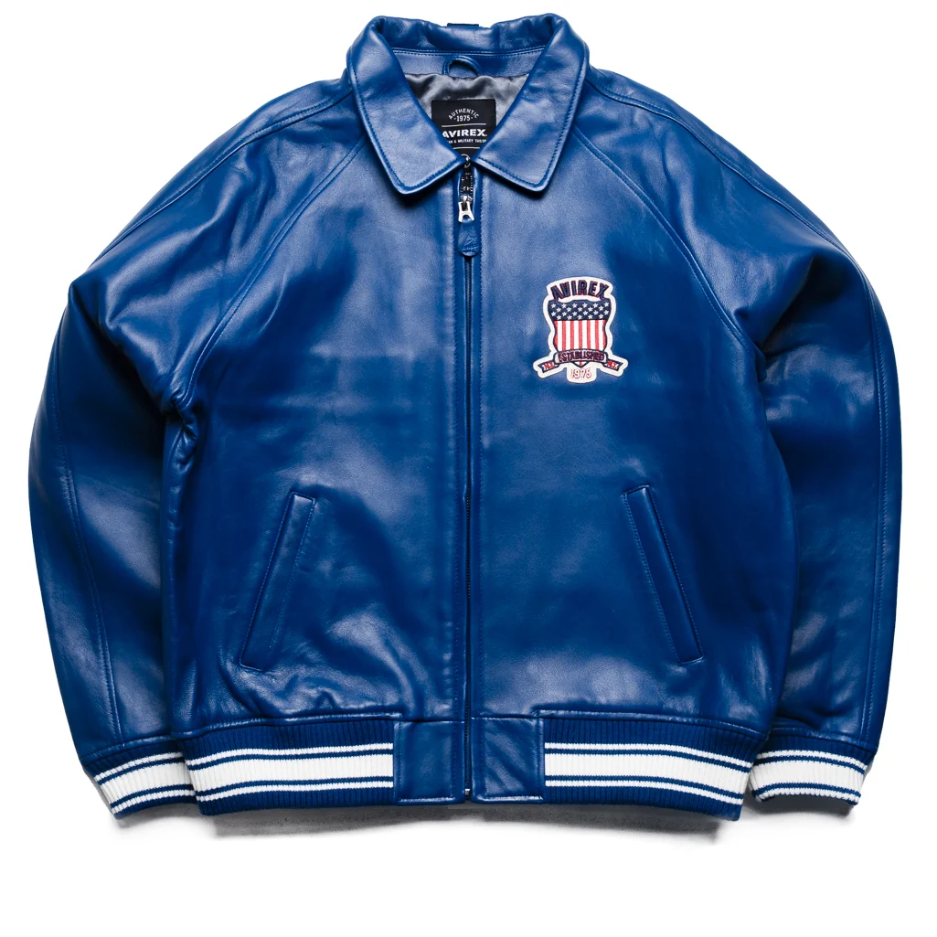Men’s Blue Leather Varsity Bomber Jacket with USA Patch Men’s Blue Leather Varsity Bomber Jacket with USA Patch
