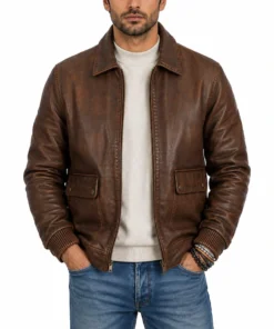 Men’s Brown Cowhide Leather Bomber Jacket