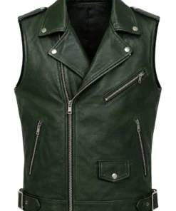Men’s Dark Green Leather Biker Vest