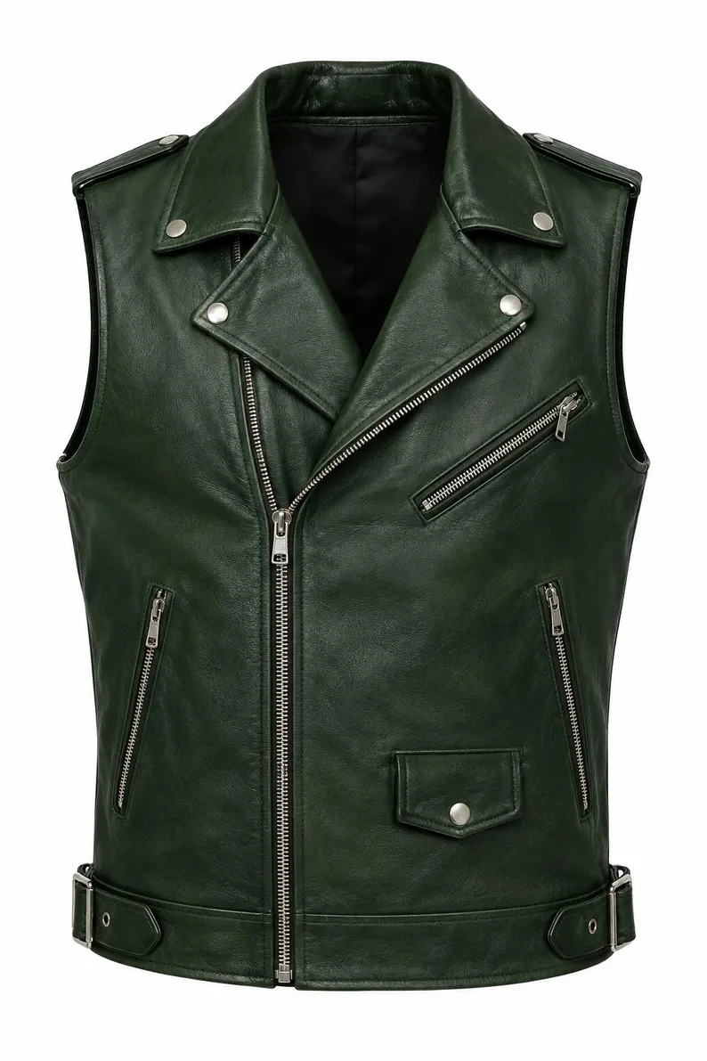 Men’s Dark Green Leather Biker Vest Men’s Dark Green Leather Biker Vest