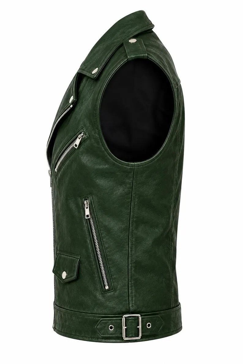 Men’s Dark Green Leather Biker Vests Men’s Dark Green Leather Biker Vest