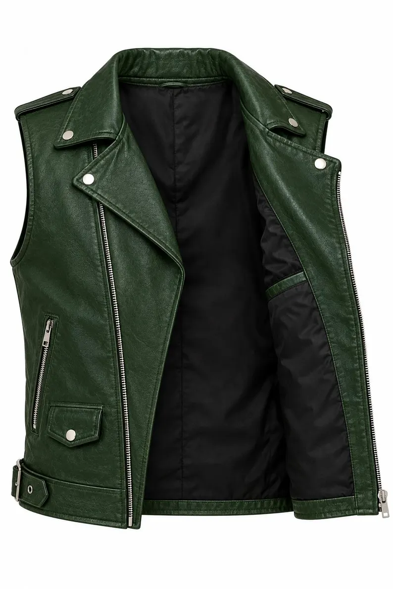 Men’s Dark Green Leather Biker Vestss Men’s Dark Green Leather Biker Vest
