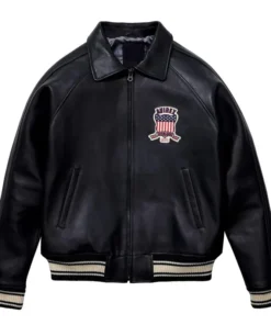 Men’s Real Leather Varsity Bomber Jacket with USA Heritage Patch