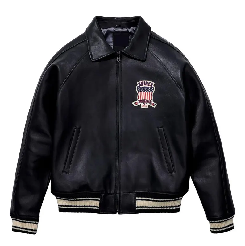 Men’s Real Leather Varsity Bomber Jacket with USA Heritage Patch Men’s Real Leather Varsity Bomber Jacket with USA Heritage Patch