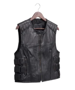 Men's Black Leather Biker Vest