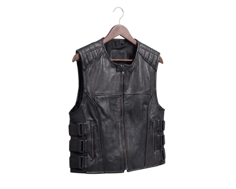 Men’s SWAT Style Leather Vest, Tactical Motorcycle Biker Waistcoat, Men's Black Leather Biker Vest