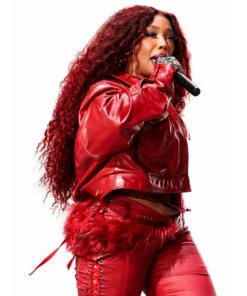 SZA Super Bowl 2025 Halftime Show Red Leather Two-Piece Outfit