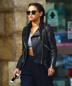 Selena Gomez Women's Black Quilted Leather Biker Jacket, Slim Fit Moto Coat